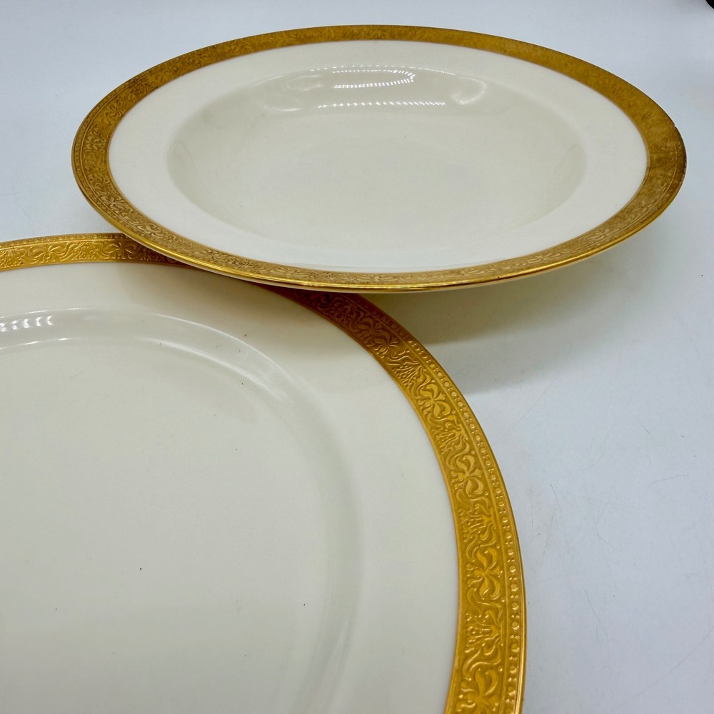 Lenox Ivory China Gold Encrusted Rim‎ Soup Bowl and Dinner Plate Set 2 Piece